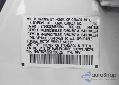 2009 Acura Mdx z USA, uszkodzony, nr VIN 2HNYD28229H533527